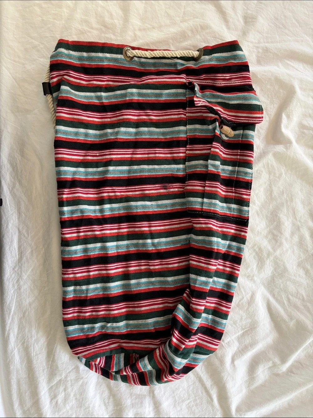 Striped Beach Bag with Drawstring and Pocket in Red, Teal & Black